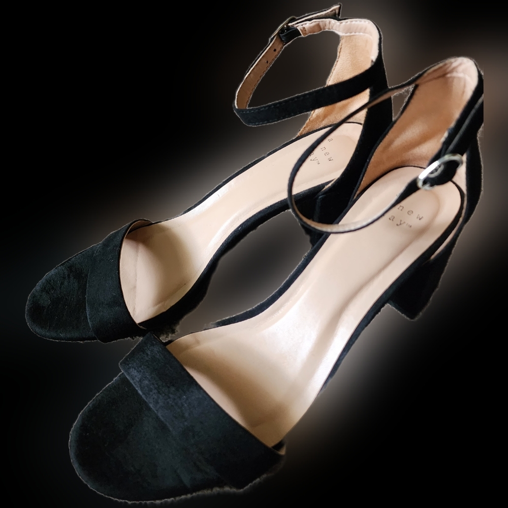 A New Day Black Ankle Strap Chunky Heels NWOT